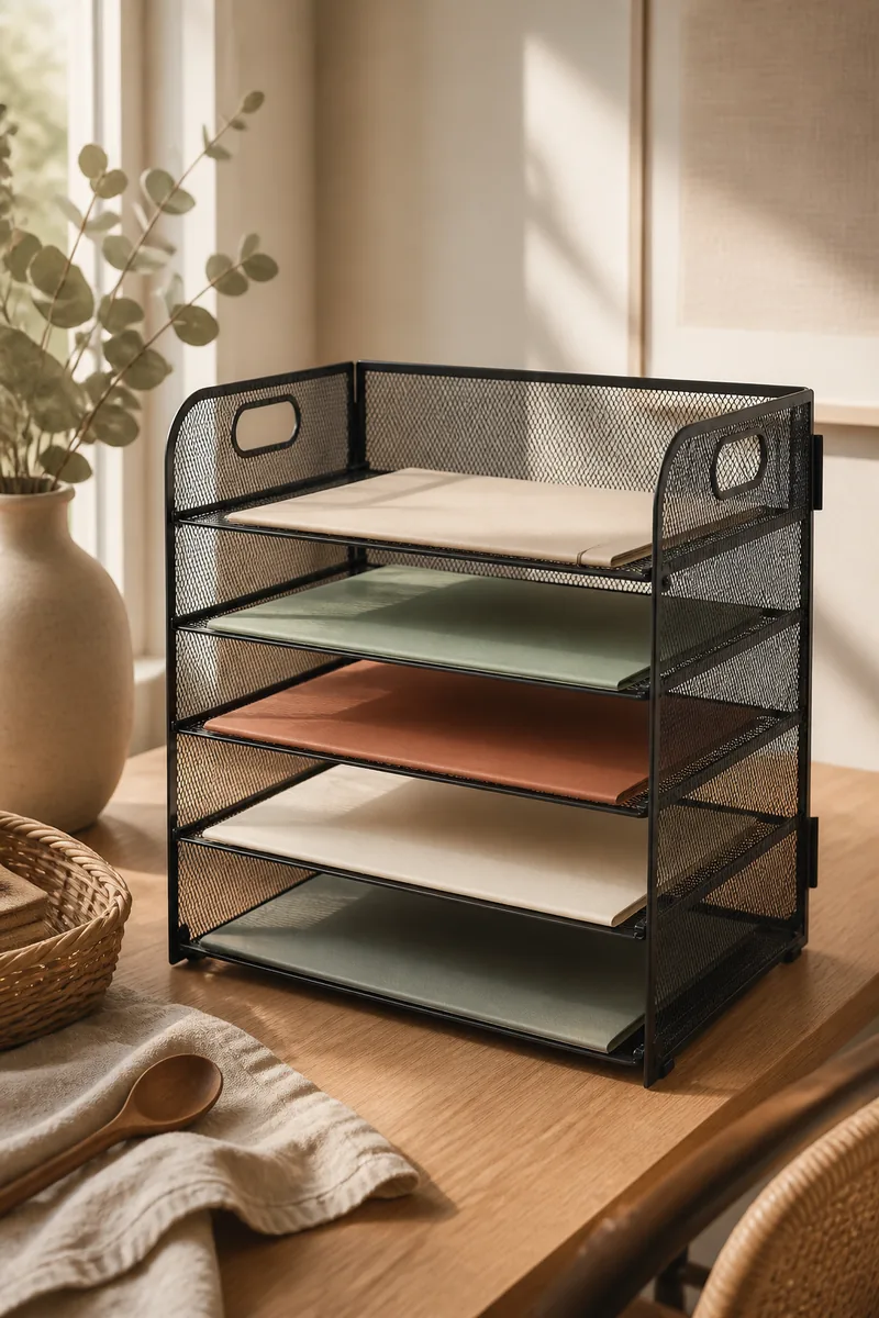 A desktop file organizer holding folders on a desk