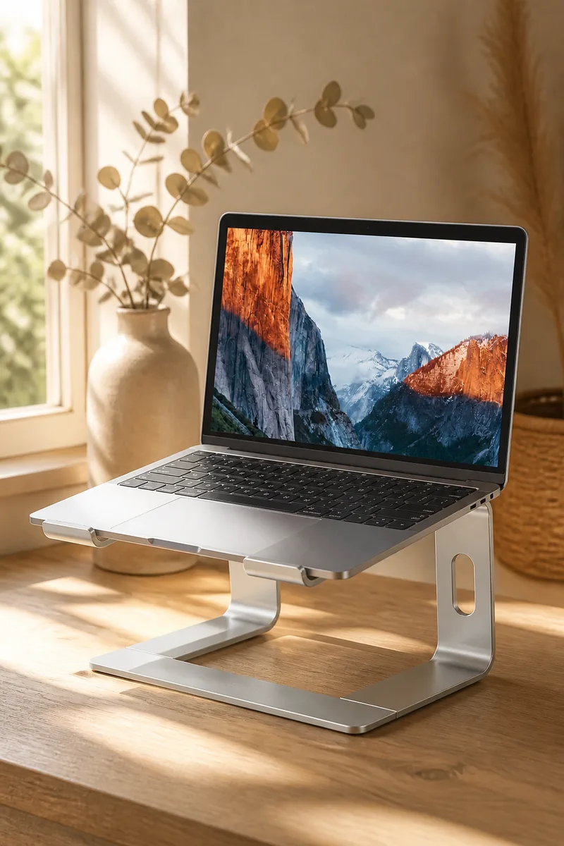 A laptop on an aluminium stand on a desk