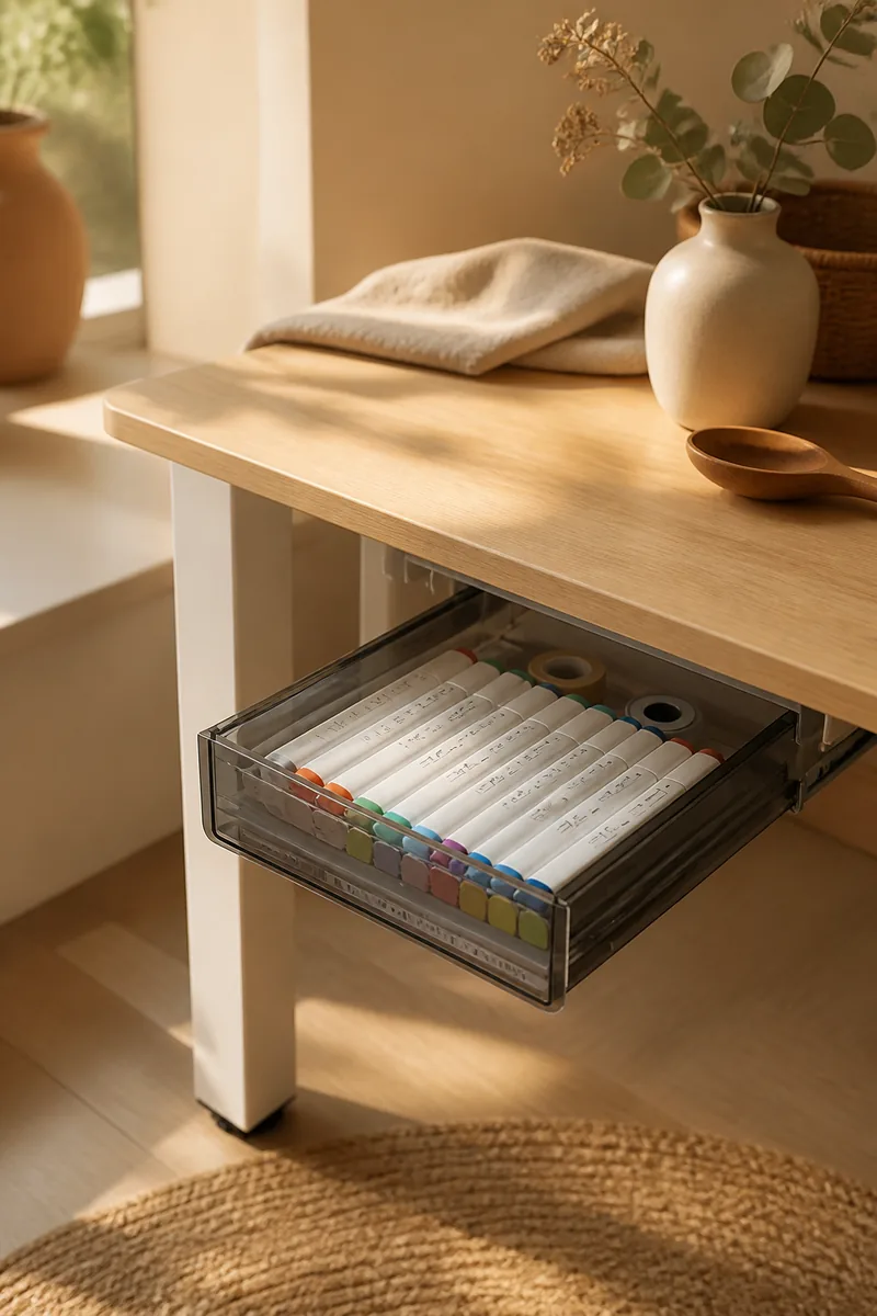 A slide-out drawer under a desk holding stationery