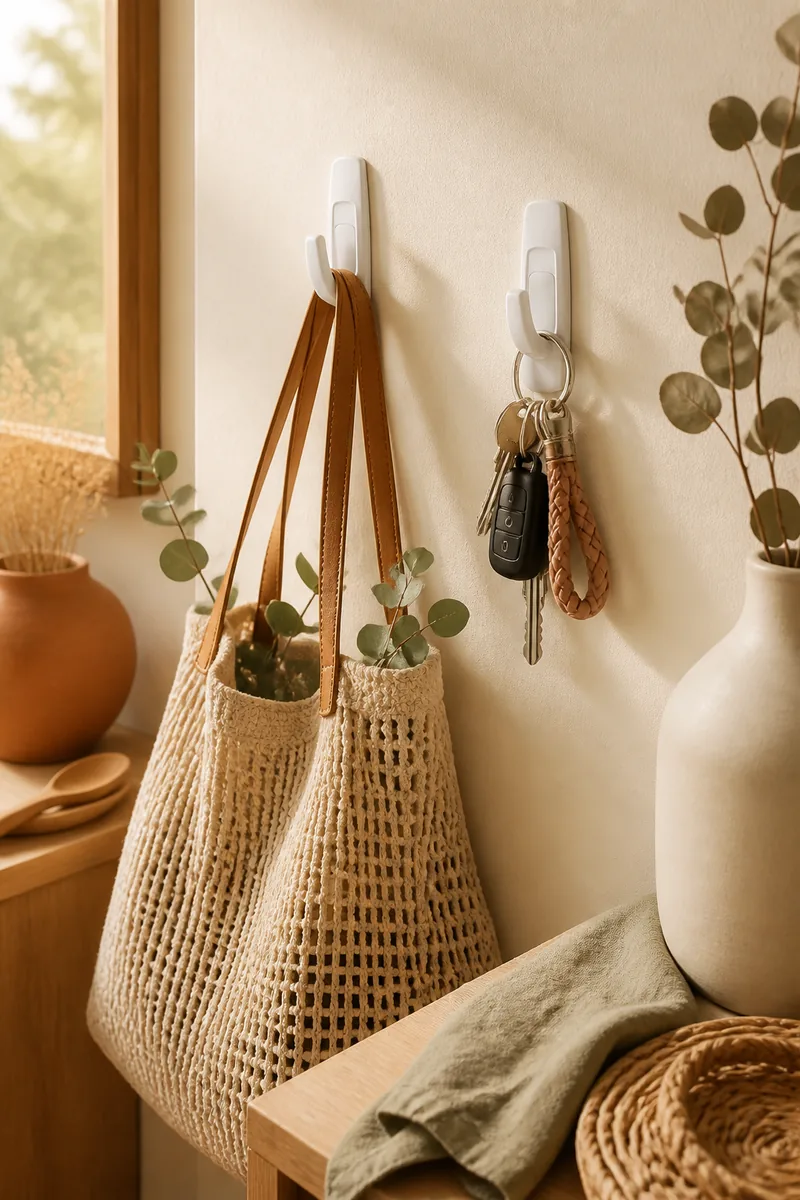 Adhesive hooks holding bags and keys on a wall