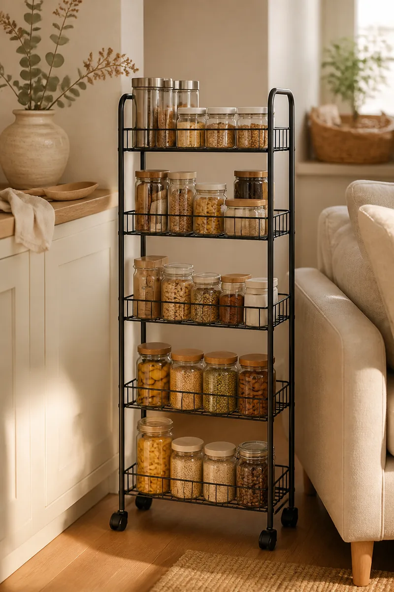 A slim rolling cart holding supplies between furniture