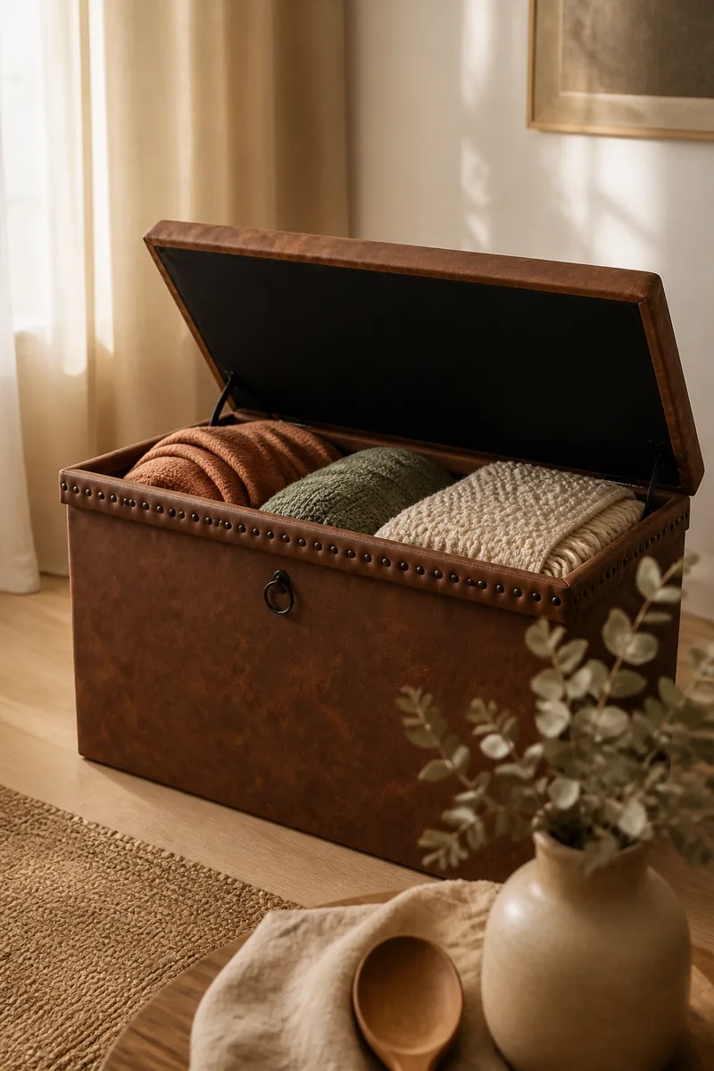 A storage ottoman holding blankets in a living room