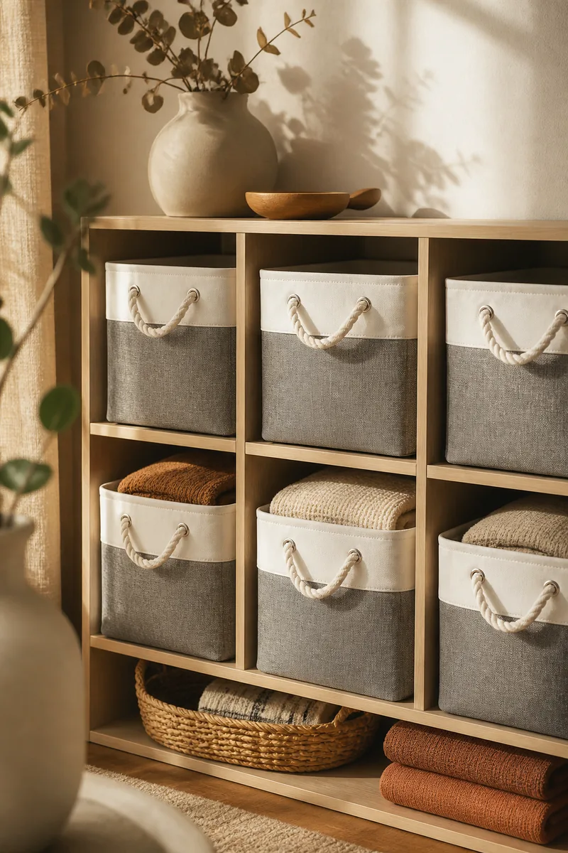 Fabric cubes in a cube shelf with folded items