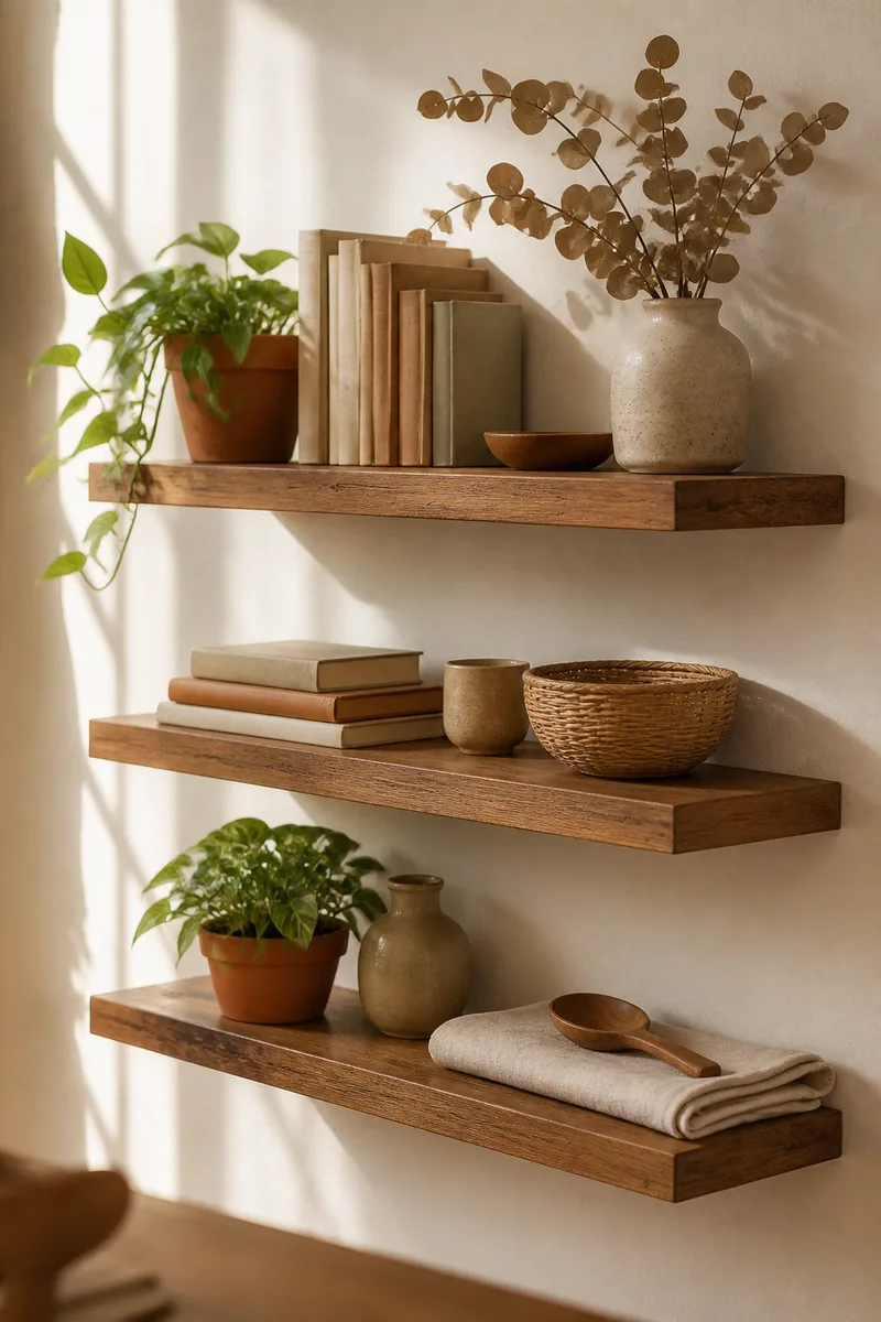 Floating shelves with books and plants
