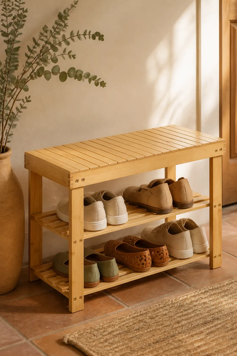 A shoe rack bench holding shoes in an entryway