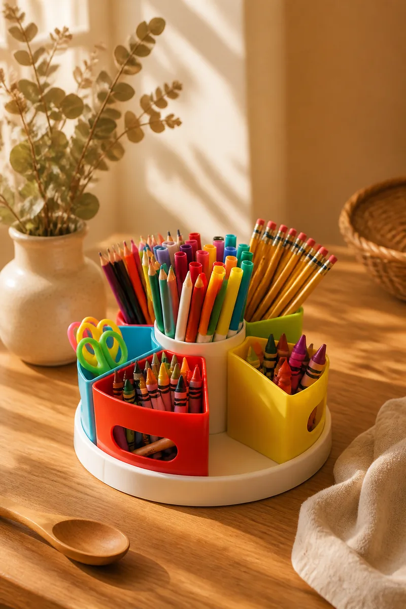 A caddy holding crayons, markers and scissors on a table