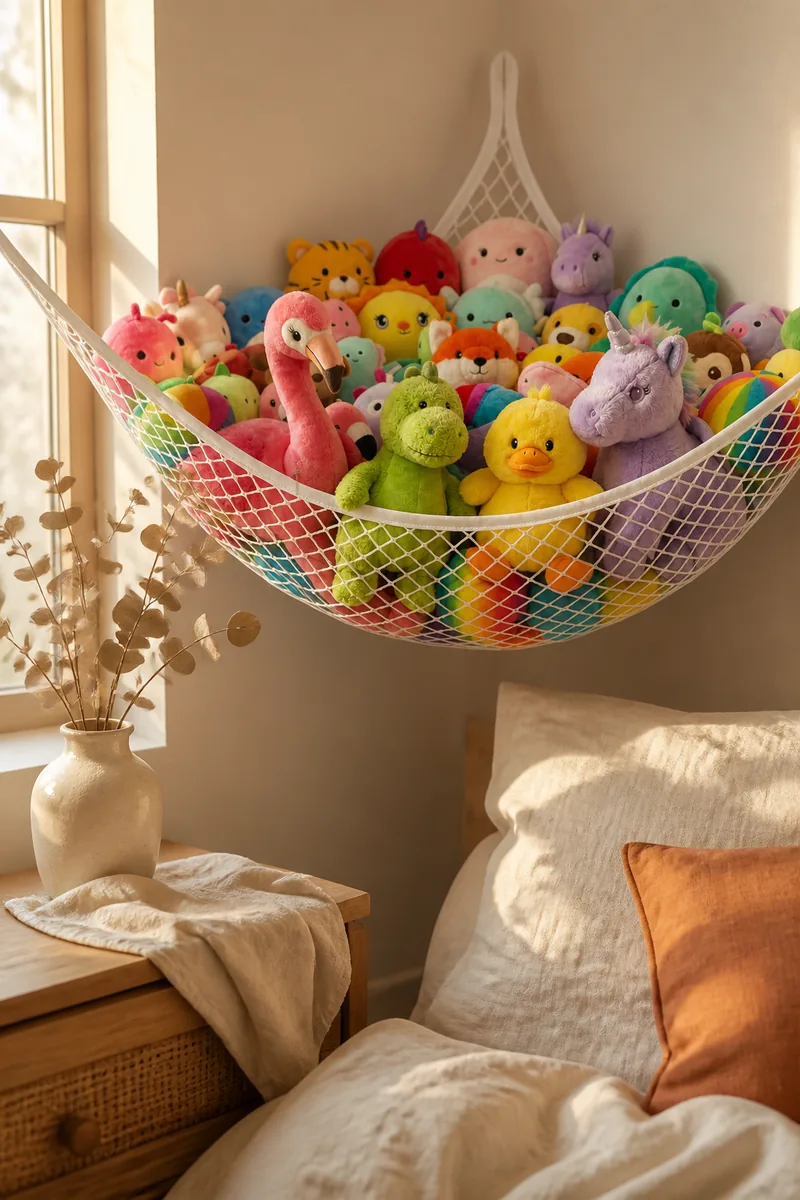 A hammock holding stuffed animals in a bedroom corner