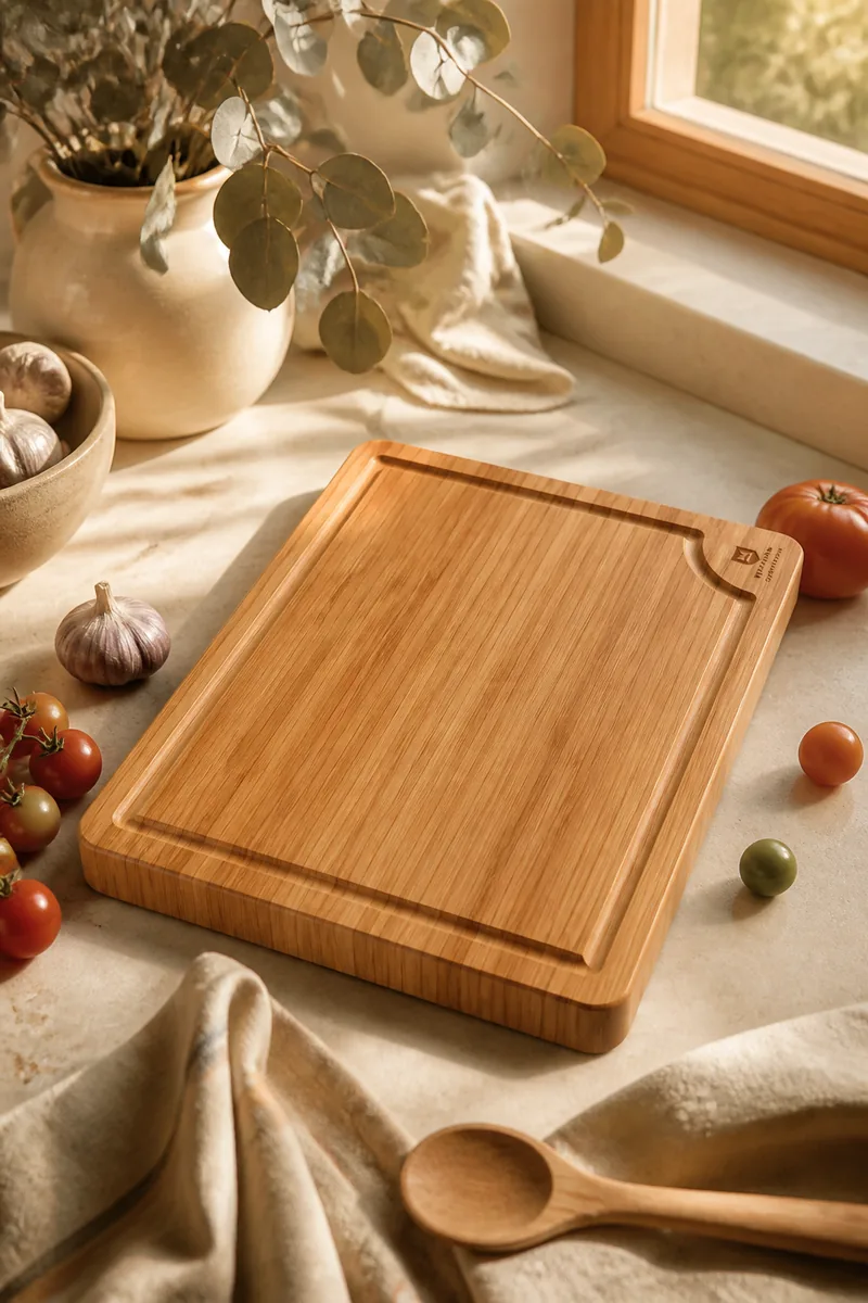 A bamboo cutting board with vegetables
