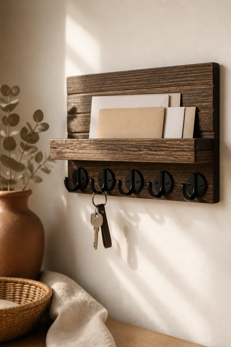 A key holder on a wall with keys and mail