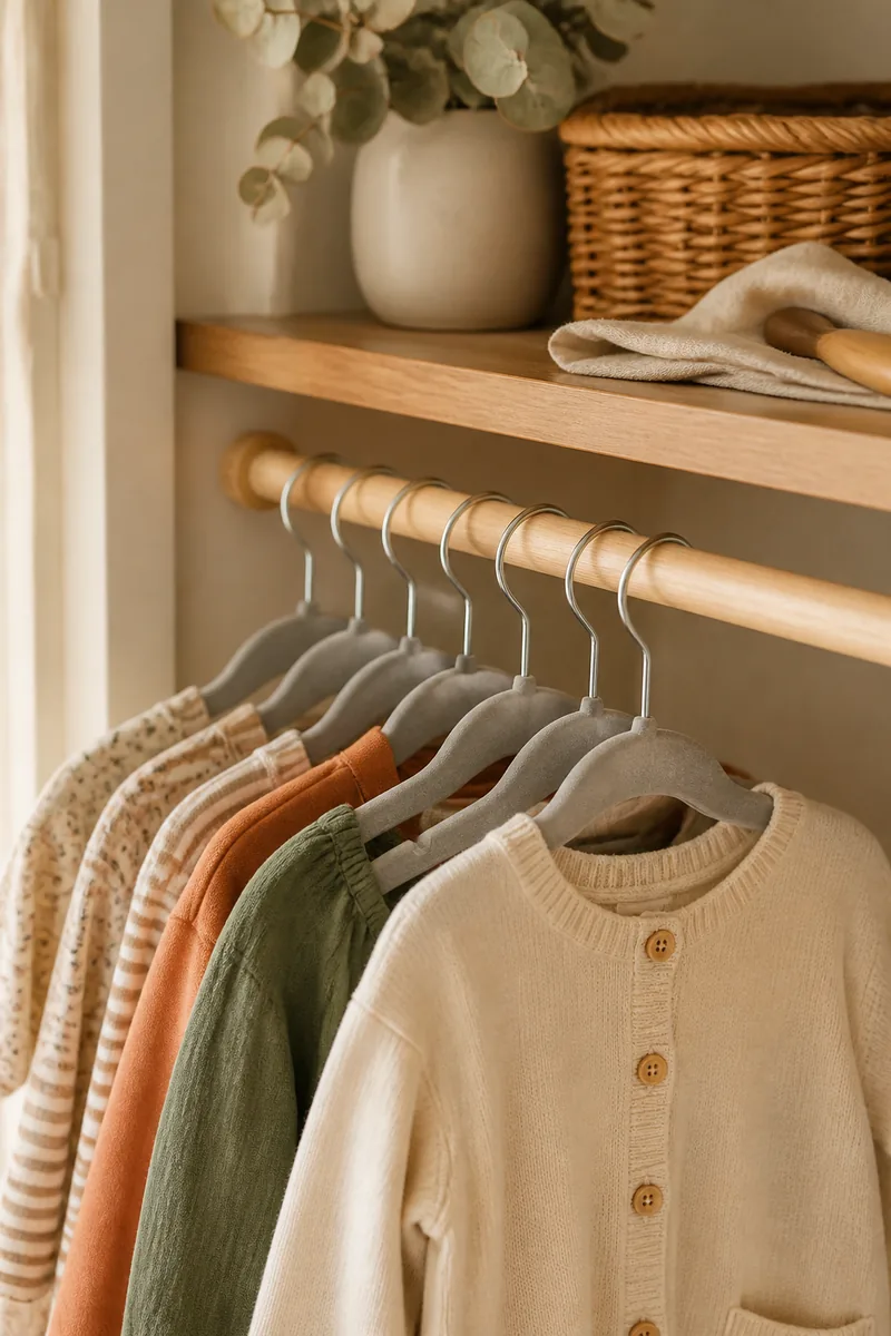 Small velvet hangers holding kids clothes in a closet