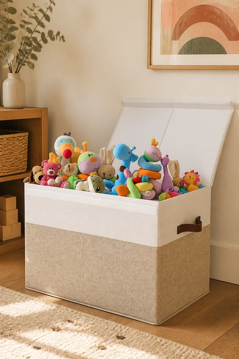 A toy box with lid and dividers against a wall