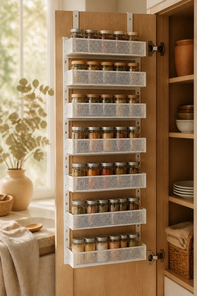 An over-the-door metal rack holding spices and jars