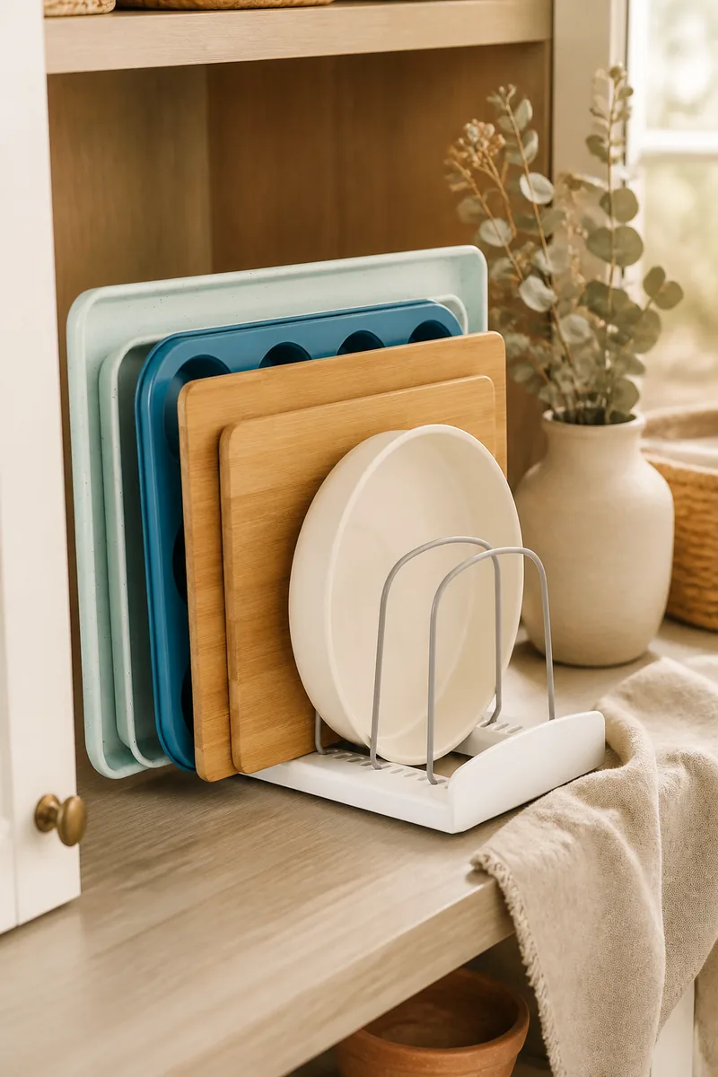 An organizer holding baking sheets upright in a cabinet