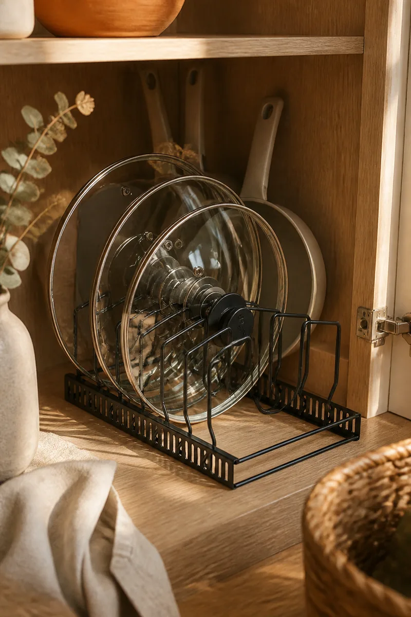 A rack holding pot lids and pans inside a kitchen cabinet