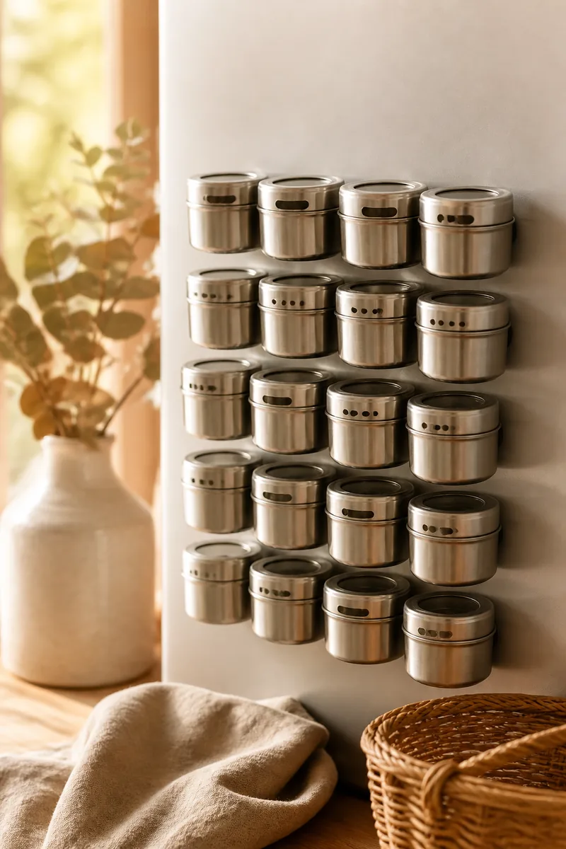 Magnetic spice tins stuck on the side of a fridge
