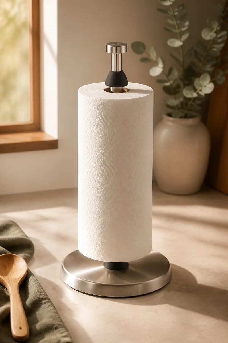 A paper towel holder with a roll in a kitchen