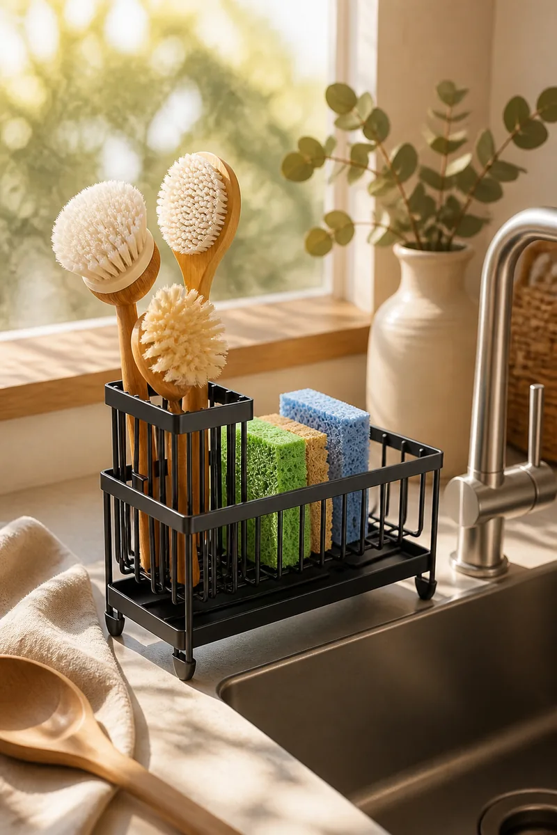 A sink caddy holding a sponge and brush beside a faucet