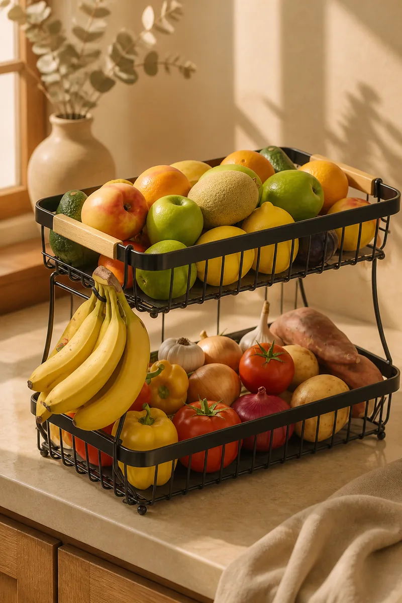 A tiered basket filled with fruit on a kitchen counter