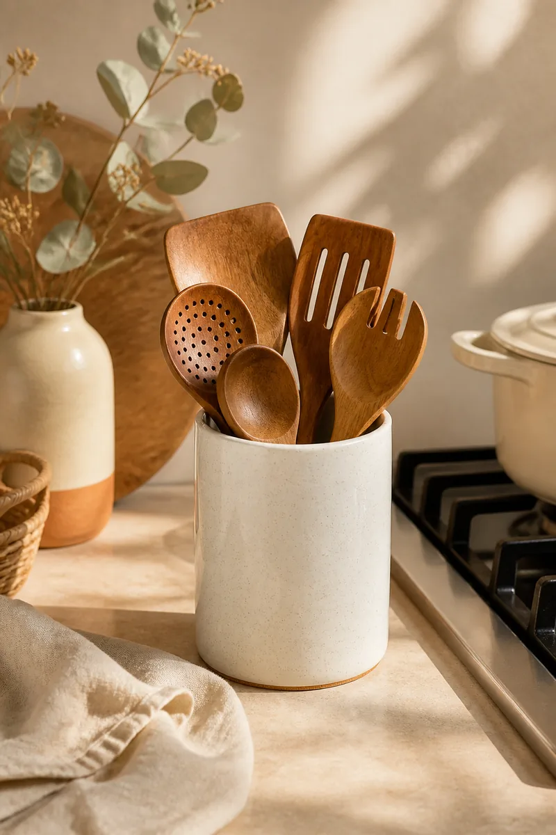 A ceramic crock holding wooden spoons beside a stove