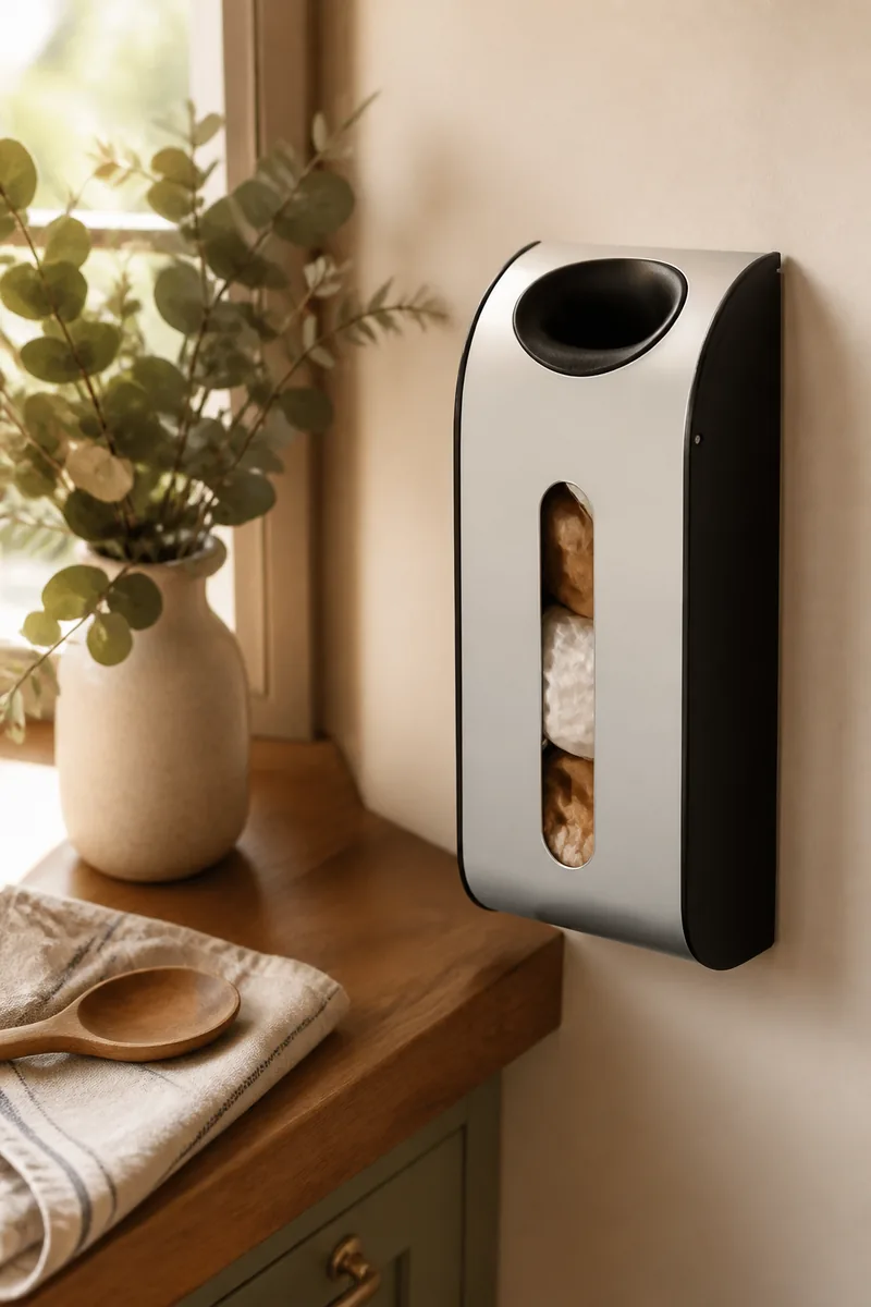 A wall-mounted stainless steel bag dispenser in a kitchen