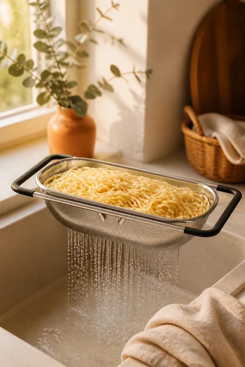 An expandable over-the-sink colander draining pasta