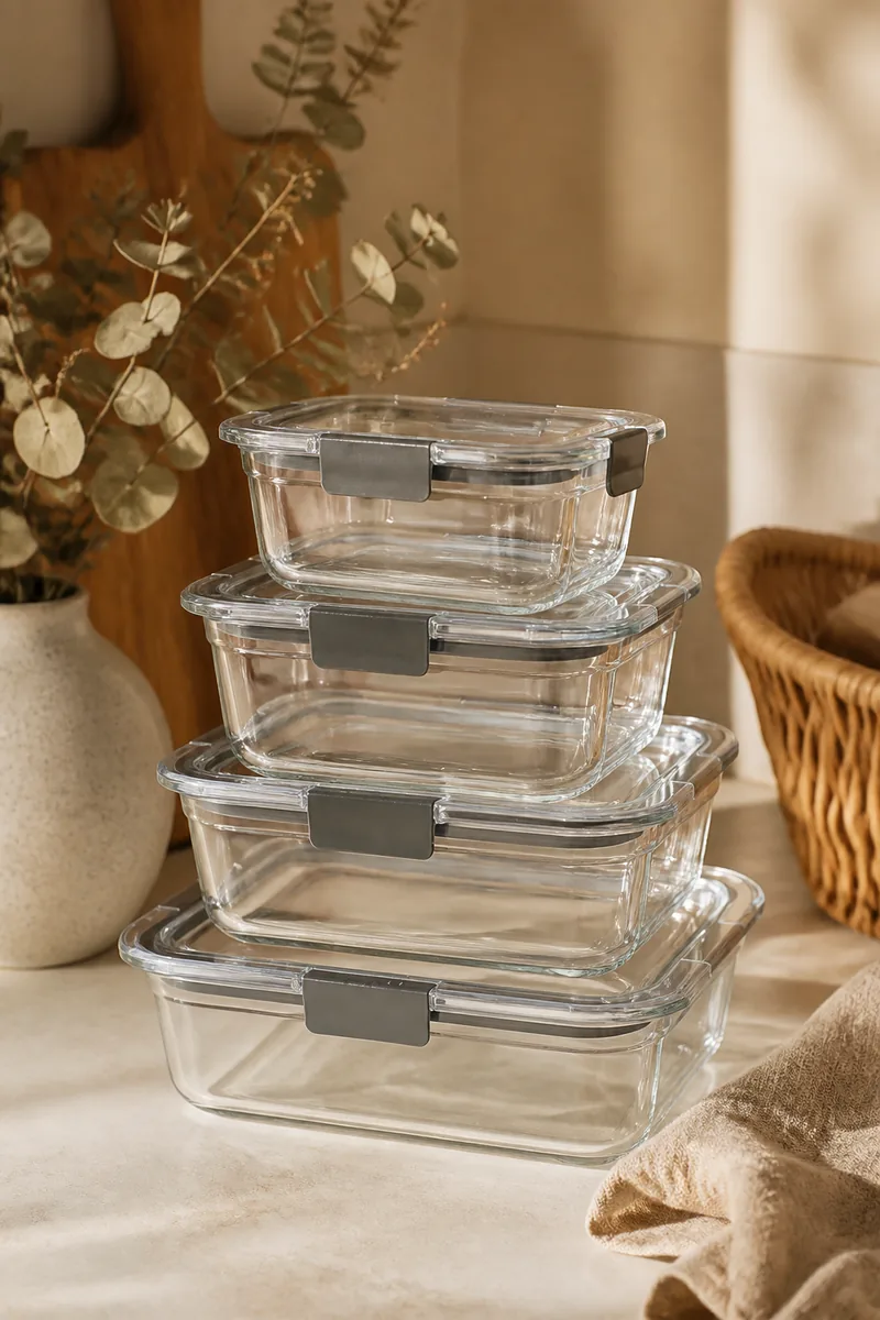 A stack of food storage containers with matching lids on a counter
