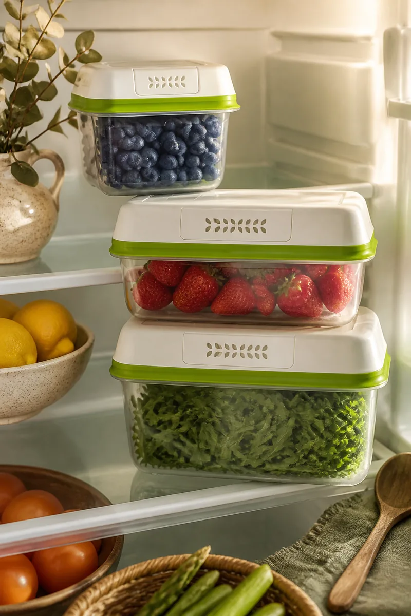 Produce containers holding berries and herbs in a fridge
