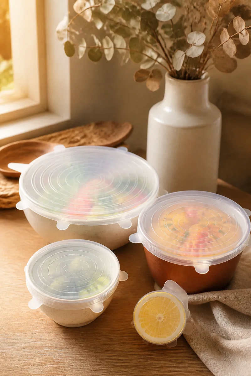 Silicone stretch lids covering bowls and a cut lemon
