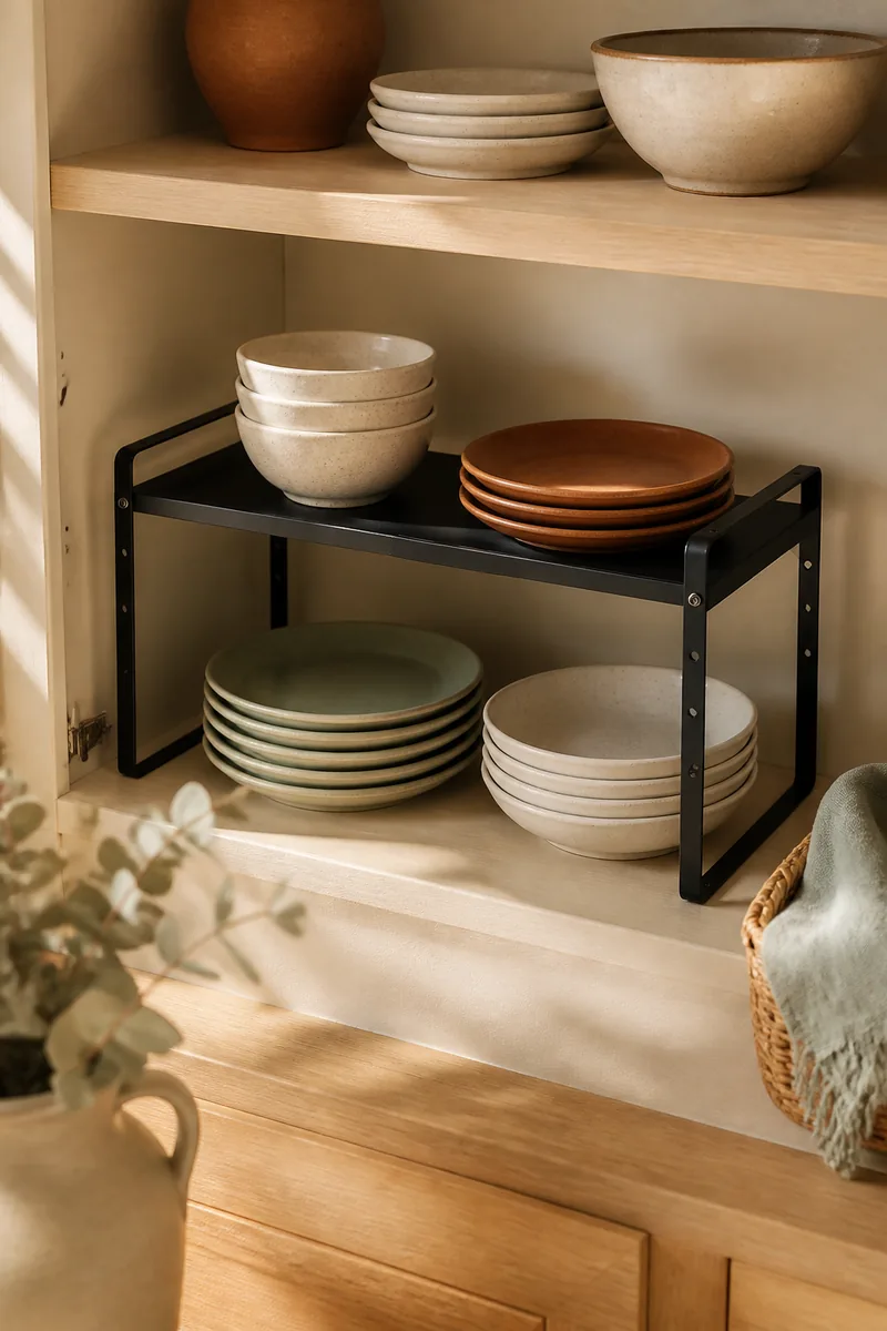 A shelf riser stacking plates and bowls in a kitchen cabinet