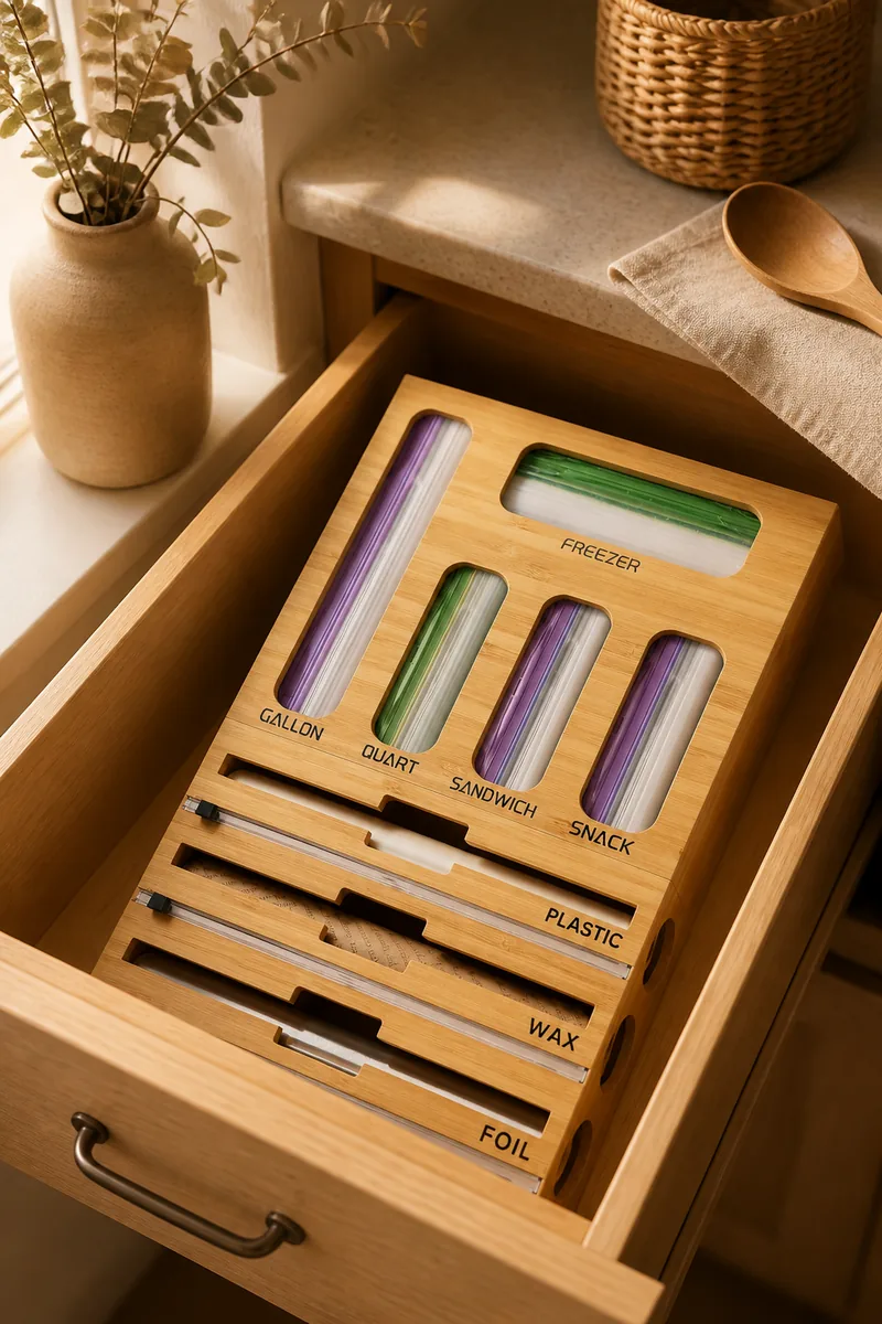 A drawer holding boxes of foil and wrap in a rack