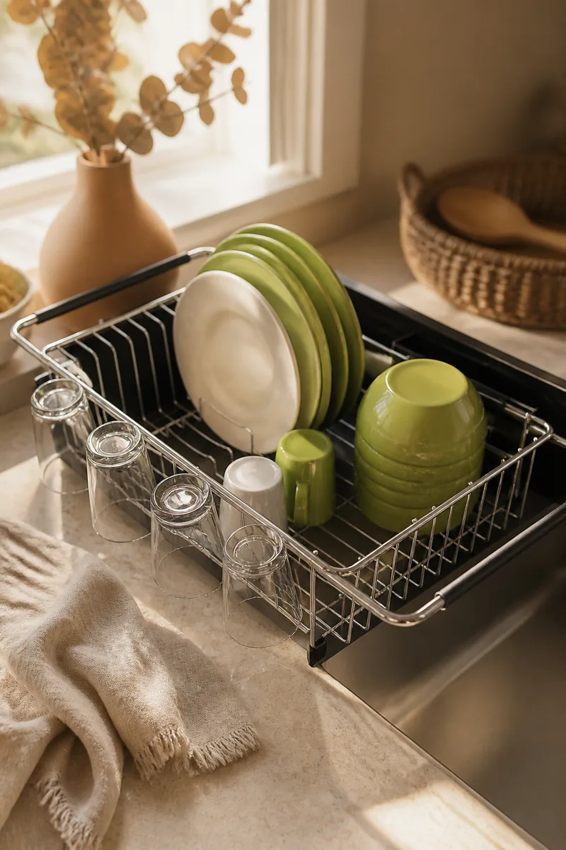 A dish rack over a kitchen sink with plates and glasses drying