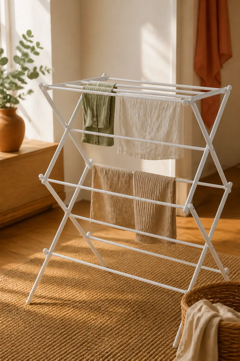A folding drying rack holding clothes