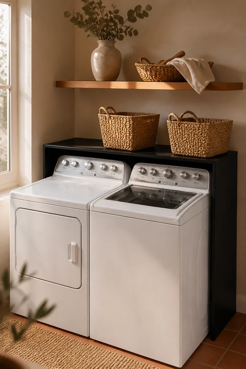 A shelf above a washing machine holding baskets