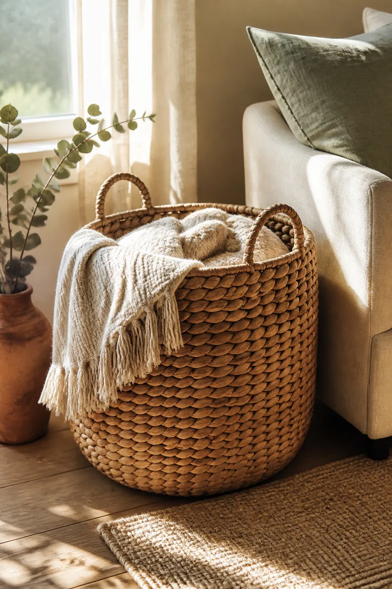 A large basket holding blankets beside a sofa