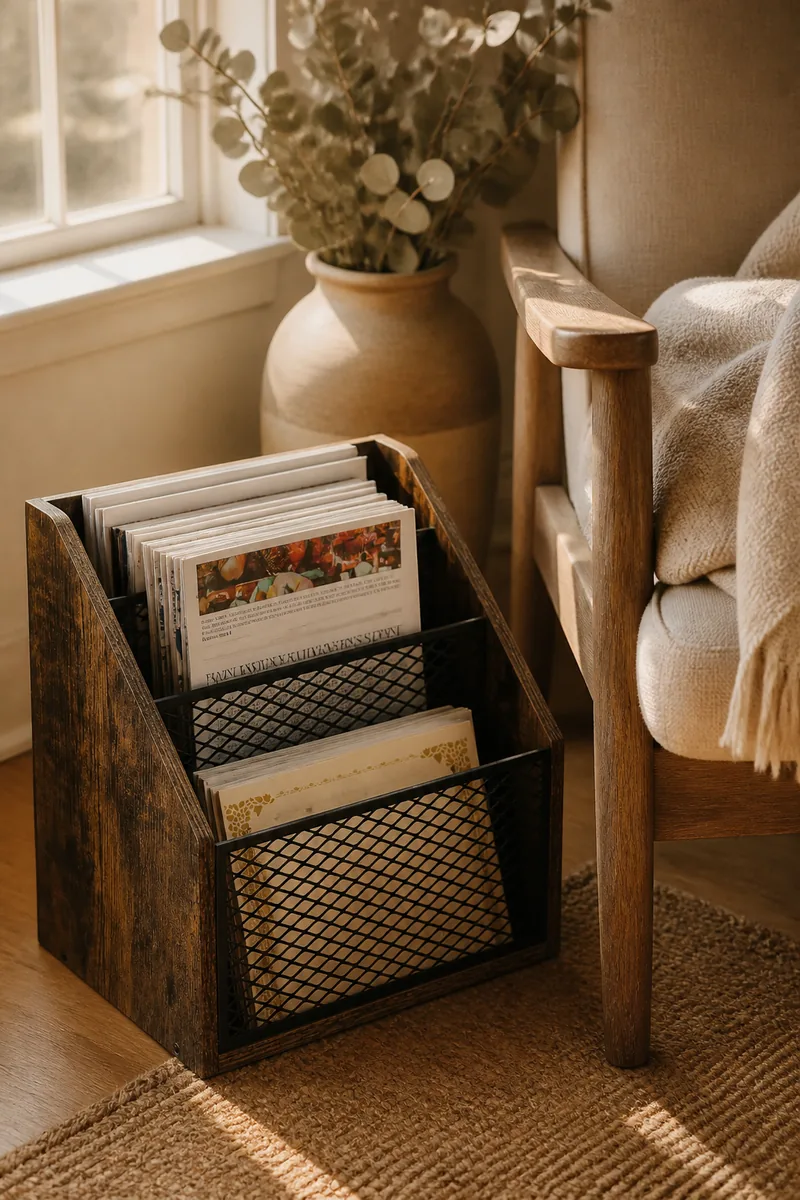 A magazine rack beside a chair