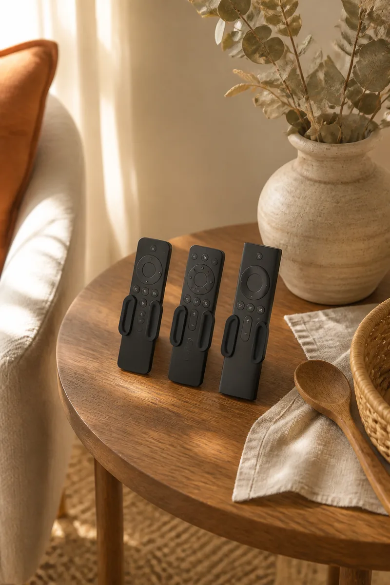 A remote control holder on a sofa arm
