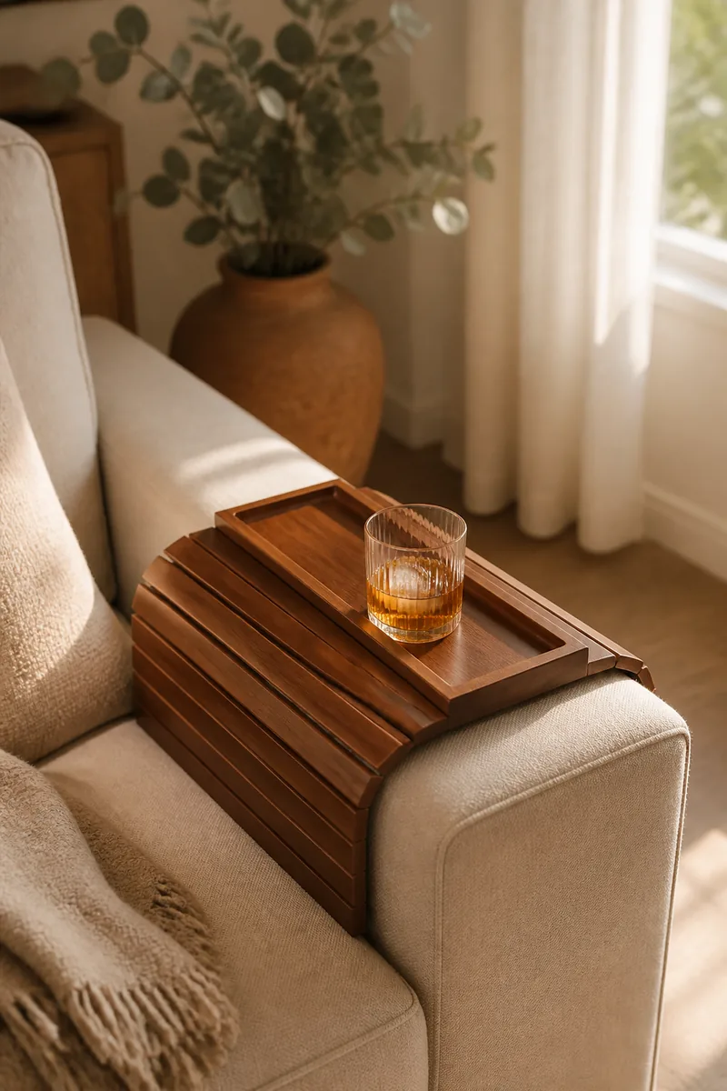 A tray on a sofa arm holding a drink