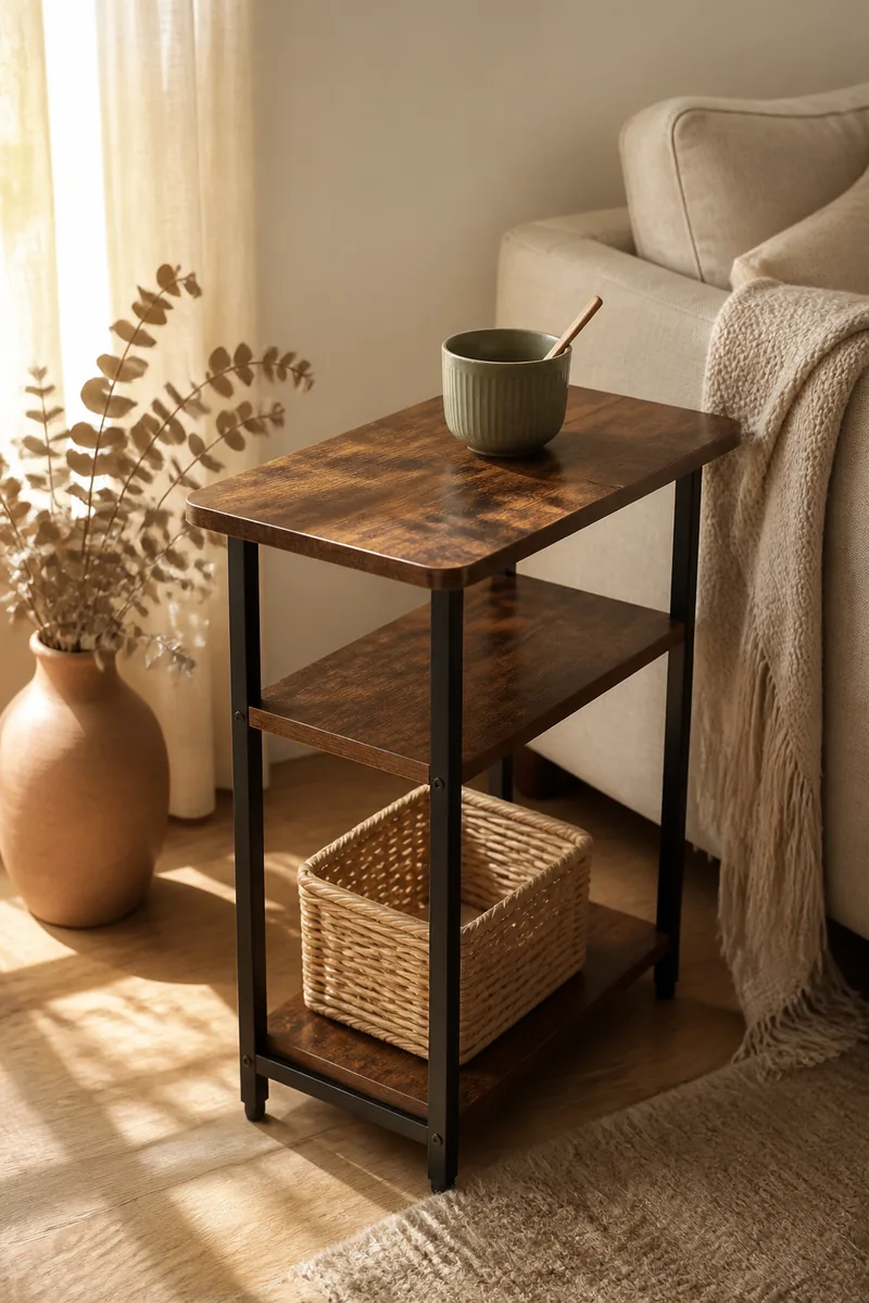 A side table with storage beside a sofa