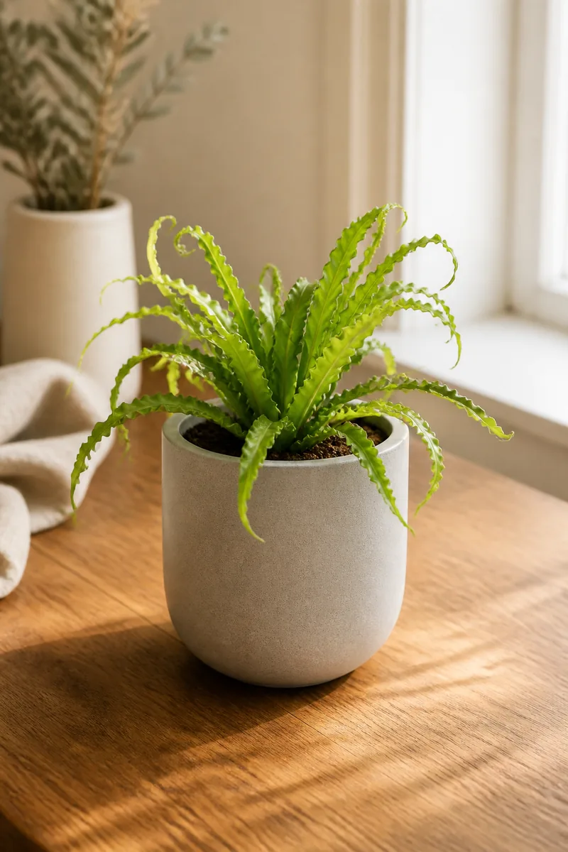 A small plant in a ceramic pot on a desk