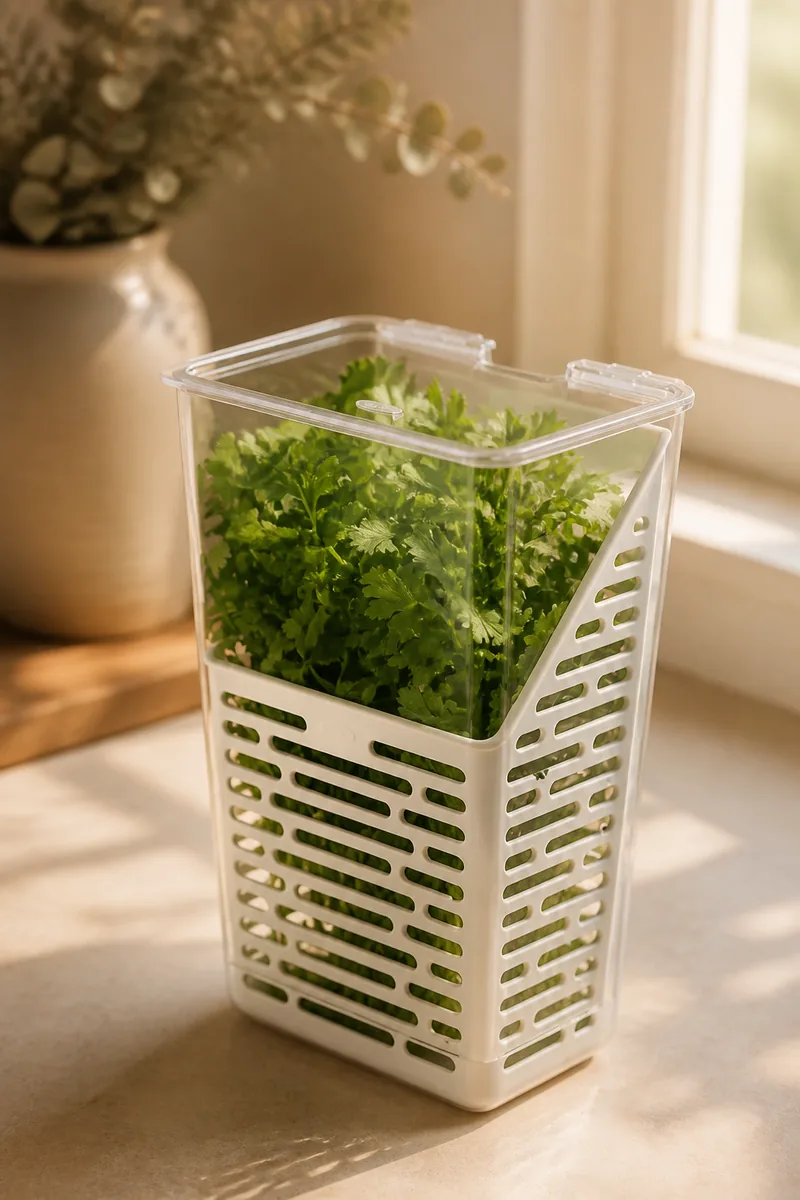 A herb keeper holding fresh herbs in a refrigerator