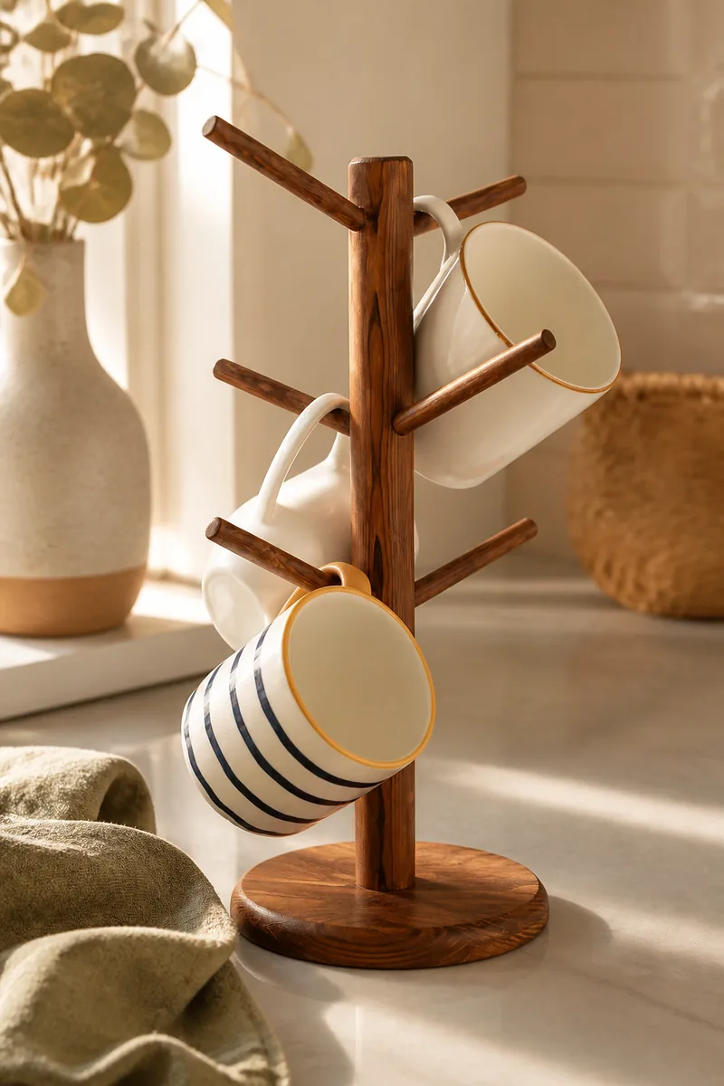 A mug tree holding coffee mugs on a counter
