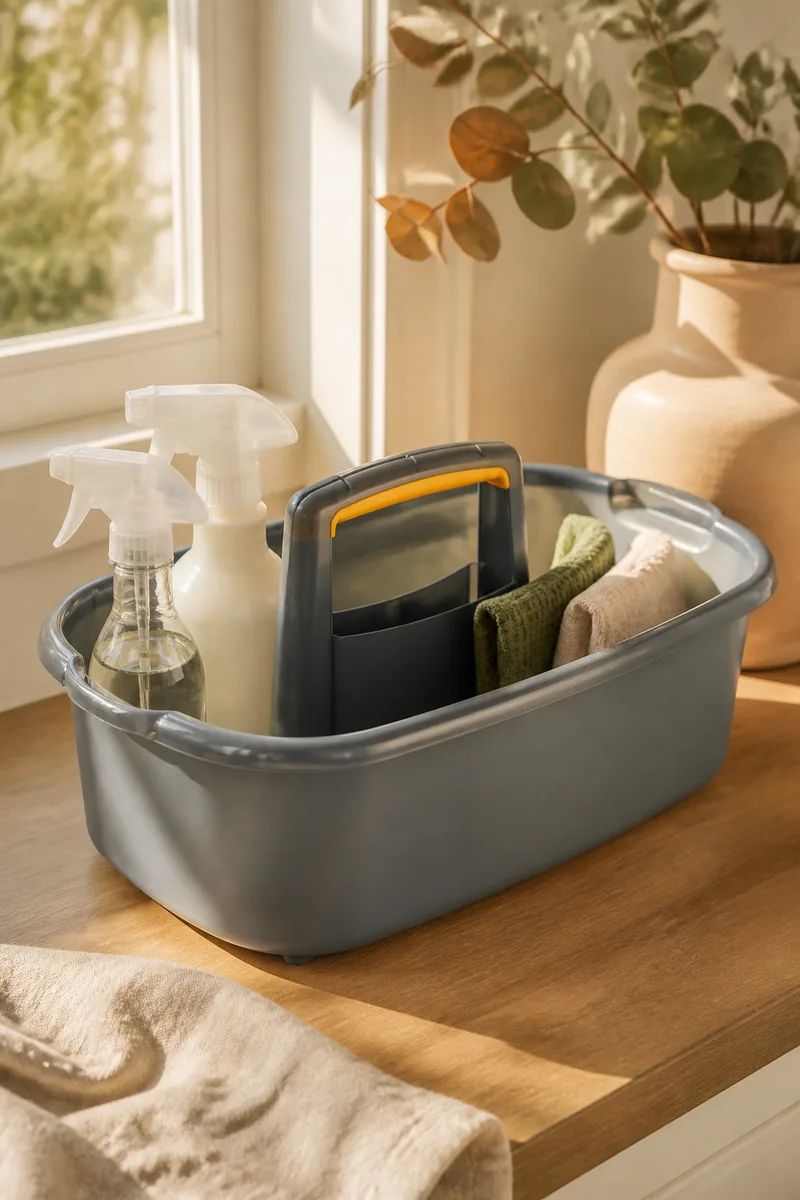 A cleaning caddy holding sprays and cloths