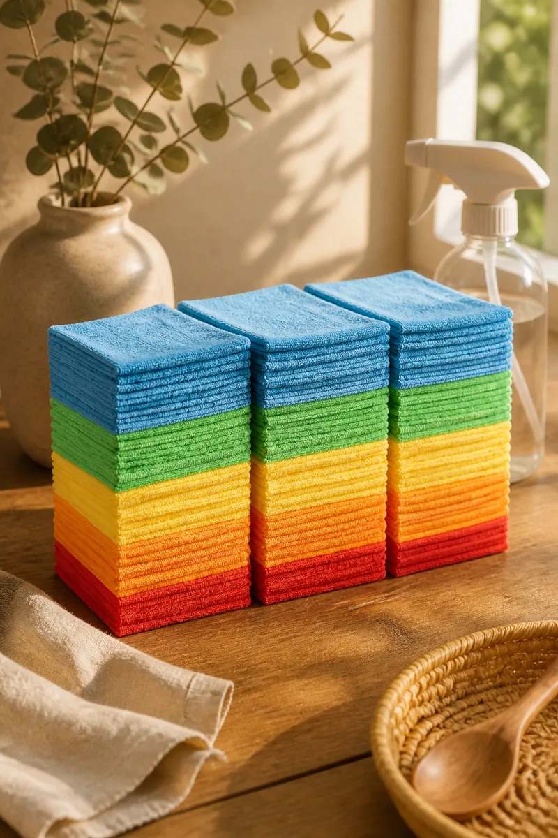 Stacked microfiber cloths with a spray bottle