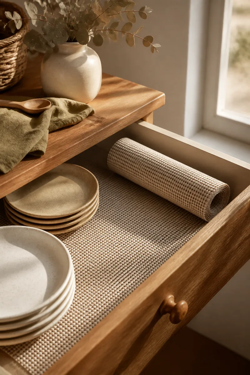 Shelf liner lining a drawer with plates