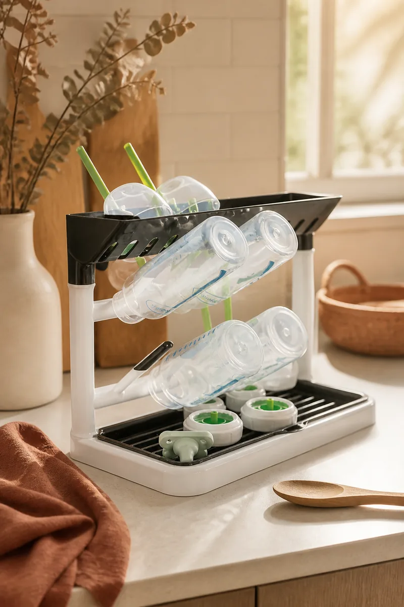 A bottle drying rack on a counter