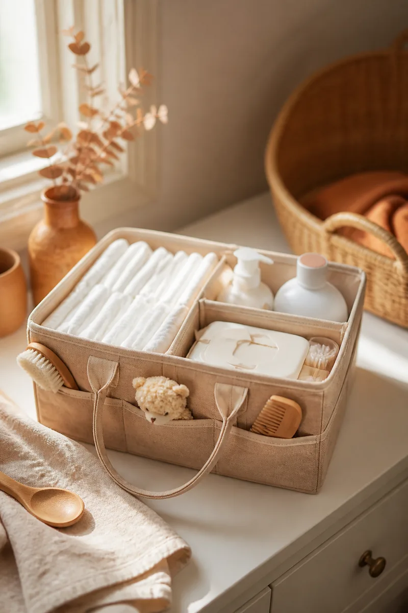 A diaper caddy with baby items
