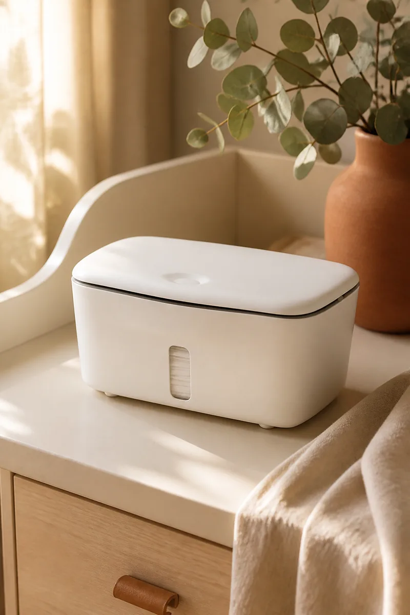 A wipes dispenser on a changing table