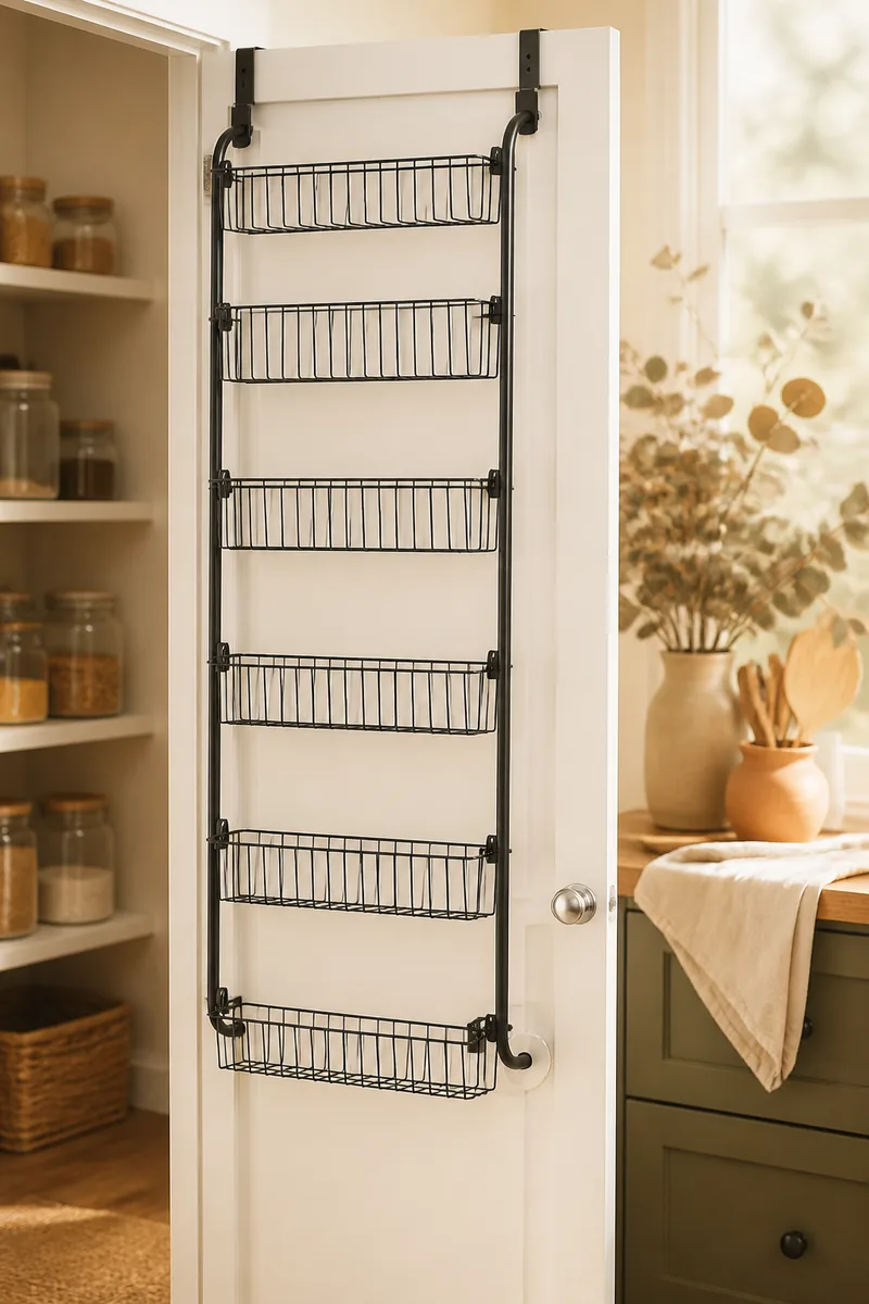 An over-the-door rack holding pantry items on a pantry door