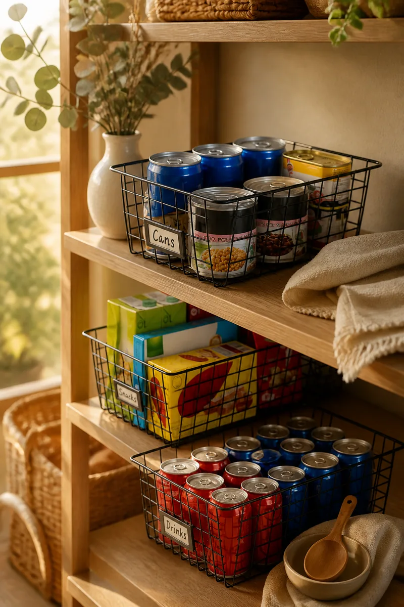 Wire baskets holding snacks on a pantry shelf