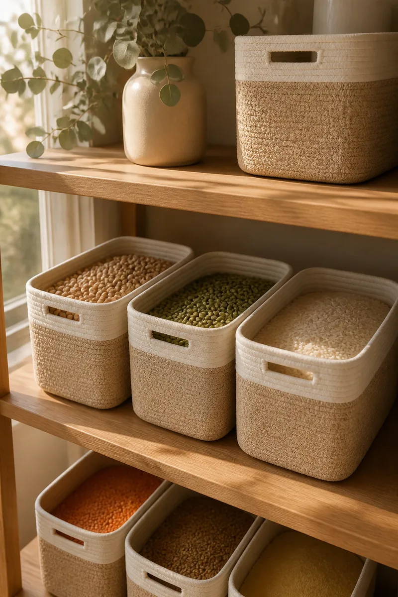 Woven baskets on an open shelf holding pantry goods